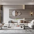 Modern Living Room Interior Design With White Sofa Round Wall Art And Throw Pillows