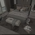 Modern Double Bed Bedroom With Bedside Tables Pillows Bench Rug And Scenic Window View
