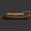 Three Traditional Wooden Boats with Colorful Hulls and Thatched Roofs Displayed on Dark Surface