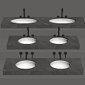 Gray Marble Double Basin Washbasins with Faucets on Three Layered Shelves