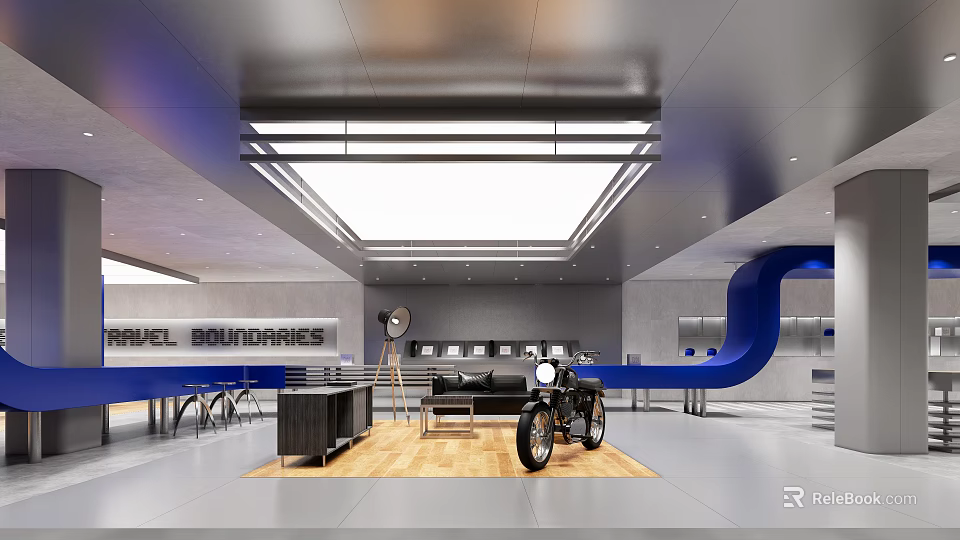 Modern Exhibition Hall Interior With Vintage Motorcycle Blue Curved Structure Wooden Floor And Display Cabinets 3d model 