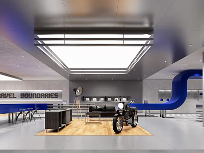 Modern Exhibition Hall Interior With Vintage Motorcycle Blue Curved Structure Wooden Floor And Display Cabinets 3d model