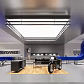 Modern Exhibition Hall Interior With Vintage Motorcycle Blue Curved Structure Wooden Floor And Display Cabinets
