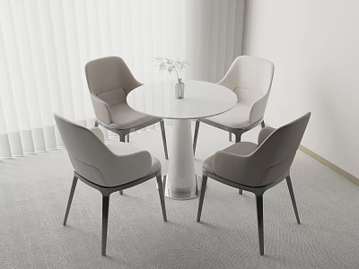 Modern Round White Table With Light Gray Chairs Dark Legs And White Flower Vase 3d model