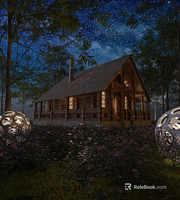 Log Cabin in Forest at Night with Starry Sky Lit Windows Flower Bed and Decorative Lanterns 3d model 