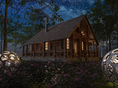 Log Cabin in Forest at Night with Starry Sky Lit Windows Flower Bed and Decorative Lanterns 3d model