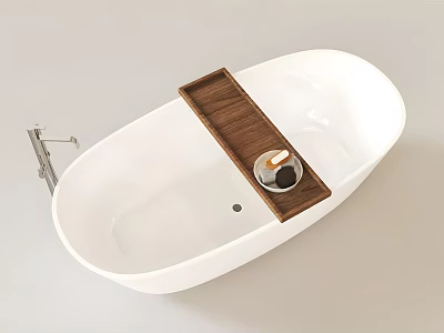 Sleek White Bathtub with Modern Wooden Tray and a Cup Placed on Top 3d model