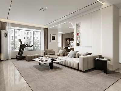 Modern Living and Dining Room Interior With Beige Sofa Coffee Table Rug And Large Window 3d model