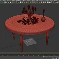 Round Wooden Dining Table Set with Gold Patterns Blue Vase Pink Flowers and Scattered Petals