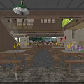 Rustic Restaurant Interior With Wooden Walls Long Tables Benches Hanging Lights And Yellow Purple Flowers