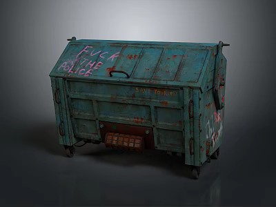 Worn Green Metal Dumpster With Graffiti And Rusty Surface On Wheels 3d model