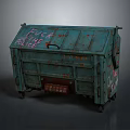 Worn Green Metal Dumpster With Graffiti And Rusty Surface On Wheels 3d model