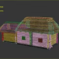 Traditional Log Cabin With Thatched Roof And Connected Log Wall Structures 3d model