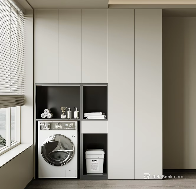 Modern White Balcony Cabinet With Built In Washing Machine And Storage Space 3d model 