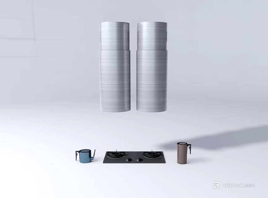 Modern Stainless Steel Kitchen Appliances With Range Hoods Gas Stove And Kettles 3d model 