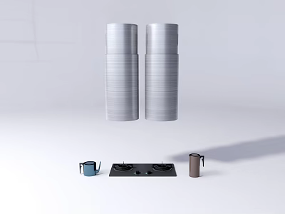 Modern Stainless Steel Kitchen Appliances With Range Hoods Gas Stove And Kettles 3d model