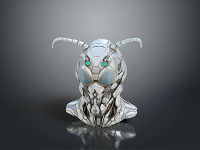 Detailed Mechanical Character And Insectoid Creature With Silver Head Green Eyes And Antennae 3d model