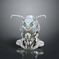 Detailed Mechanical Character And Insectoid Creature With Silver Head Green Eyes And Antennae