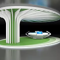 Modern Circular Exhibition Structure With Green Base White Pillars Curved Top And Console Screen 3d model