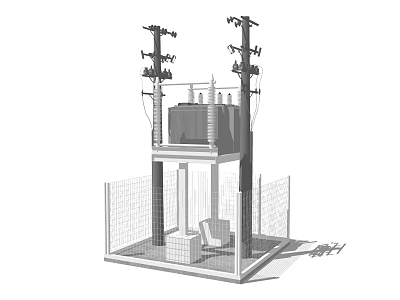Industrial Electrical Equipment With Utility Poles And Fenced Enclosure Structure 3d model