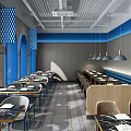 Elegant Modern Restaurant Interior Design With Arched Windows Blue Decor Circular Lights Tables And Chairs