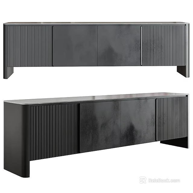 Modern Black TV Stand With Ribbed Doors And Sleek Design For Living Room 3d model 