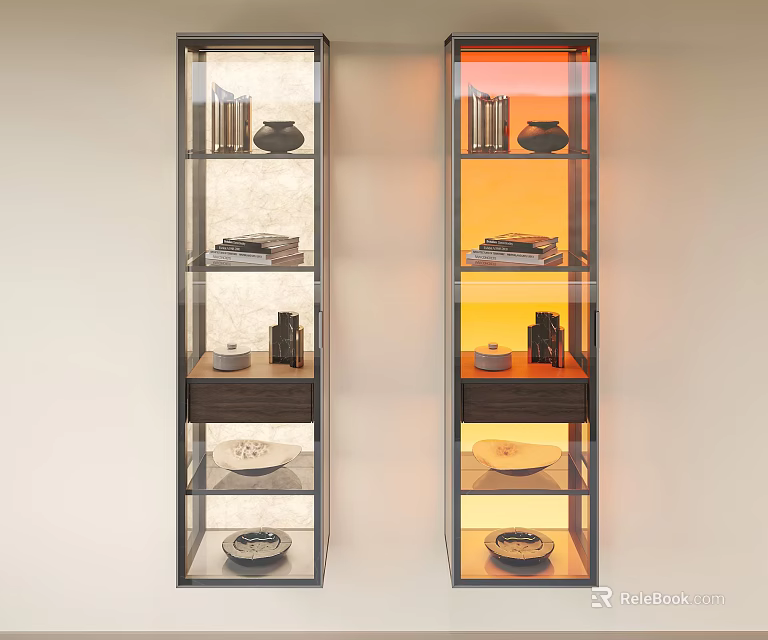 Modern Glass Door Display Cabinets Featuring Plates Books And Decorative Items 3d model 