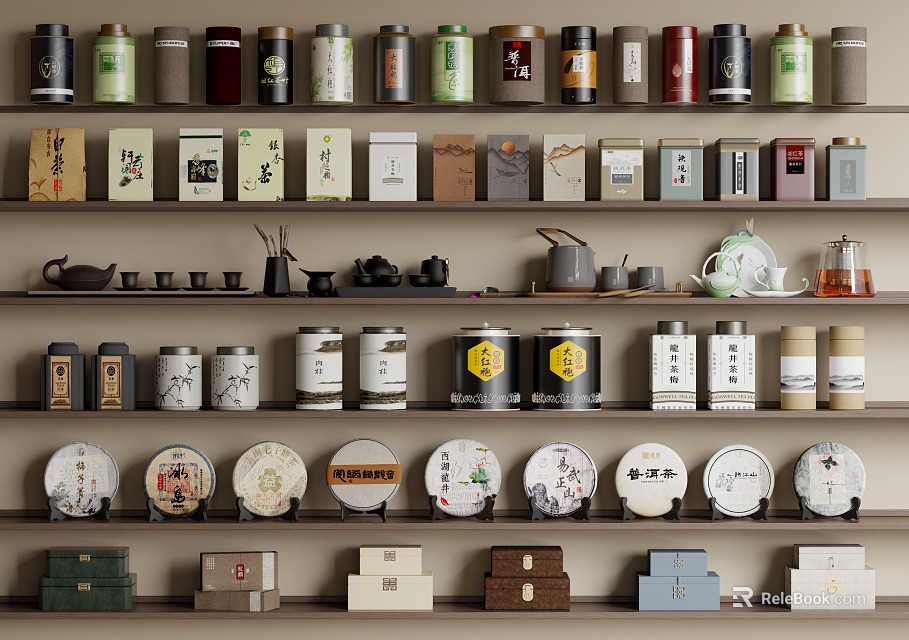 Traditional Tea Sets Display with Teapots Teacups Tea Caddies and Cakes on Shelves 3d model 
