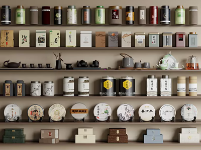 Traditional Tea Sets Display with Teapots Teacups Tea Caddies and Cakes on Shelves 3d model
