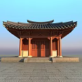 Ancient Traditional Pavilion With Curved Roof Red Wooden Pillars And Stone Pavement Under Blue Sky