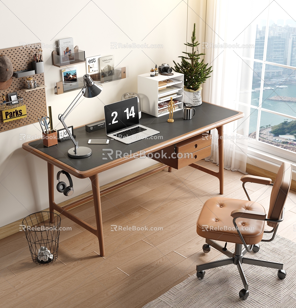 Solid wood desk and chair combination 3d model