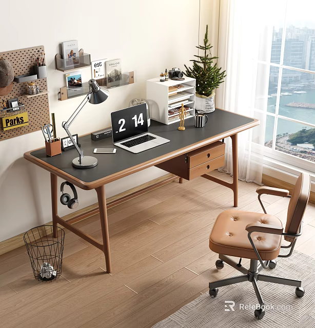 Cozy Wooden Desk With Laptop Lamp Corkboard Photos Potted Plant Leather Chair And Window View 3d model 