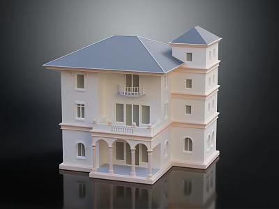 Classic Two Story Residential Building With Blue Roof Beige Exterior Balcony And Arched Porch 3d model