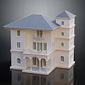 Classic Two Story Residential Building With Blue Roof Beige Exterior Balcony And Arched Porch