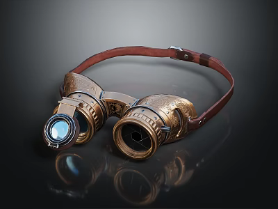 Vintage Style Golden Metal Commercial Binocular Equipment With Leather Strap And HD Lens 3d model