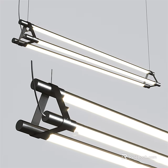 Modern Linear Chandeliers Featuring Metal Frames And White Light Tubes Hanging From Ceiling 3d model 