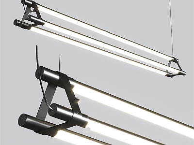 Modern Linear Chandeliers Featuring Metal Frames And White Light Tubes Hanging From Ceiling 3d model