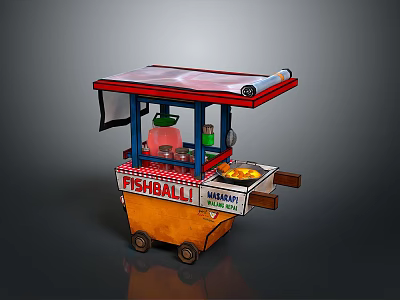 Mobile Fishball Food Cart With Red Canopy Orange Body And Signboard 3d model