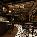 Industrial Style Cafe Interior With Round Wooden Bar Counter Green Stools And Metal Railings