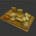 Assorted Cheese Platter With Various Shapes Colors On Wooden Board Including Ham Slices