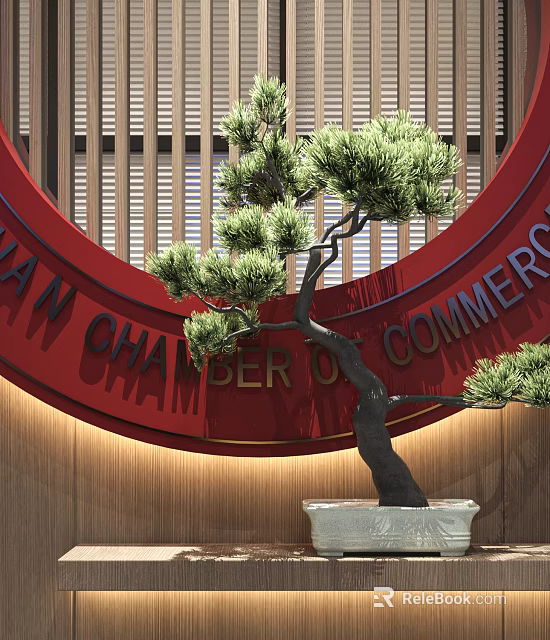 Bonsai Plant in White Pot Featuring Red Circular Chamber of Commerce Sign Wooden Lattice Background 3d model 