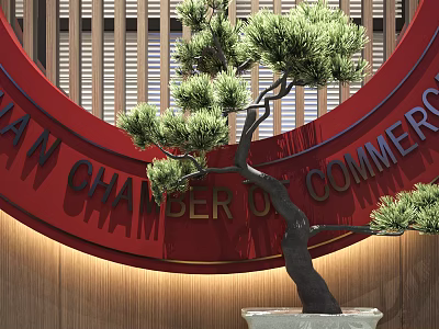 Bonsai Plant in White Pot Featuring Red Circular Chamber of Commerce Sign Wooden Lattice Background 3d model