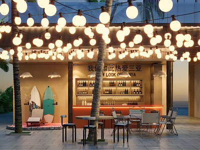 Outdoor Sanya Bar With Hanging String Lights Palm Trees Surfboards Bar Counter Tables Chairs 3d model