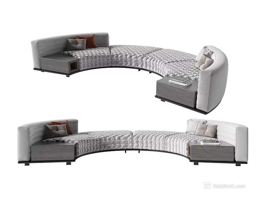Modern Curved Sectional Sofa With Light Gray Upholstery Decorative Pillows And Side Tables 3d model