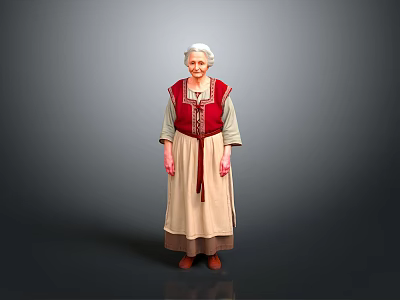 Elderly Woman Wearing Red Embroidered Vest And Beige Long Traditional Dress 3d model