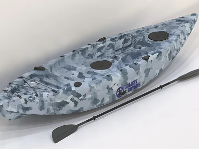Gray Camouflage Two Seat Kayak With Black Paddle And Storage Straps 3d model