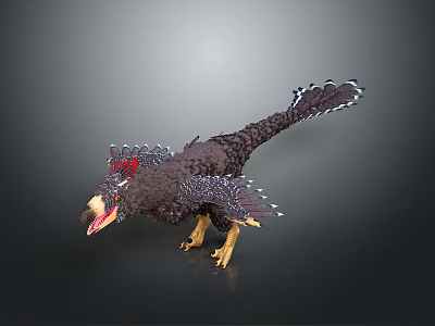 Detailed 3D Model Of Black Feathered Creature With Red Crest Long Tail And Yellow Feet 3d model