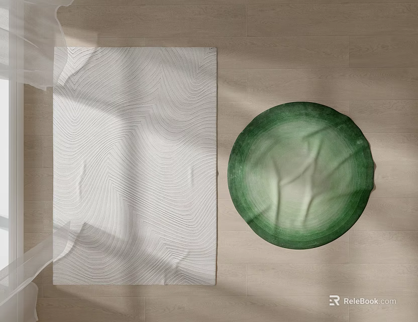 White Textured Square Rug With Green Round Mat On Wooden Floor With Light Shadow 3d model 