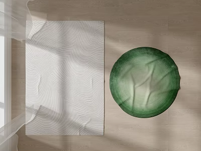White Textured Square Rug With Green Round Mat On Wooden Floor With Light Shadow 3d model