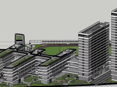 Modern Commercial Complex With High Rise Buildings Green Spaces And Pedestrian Areas 3d model
